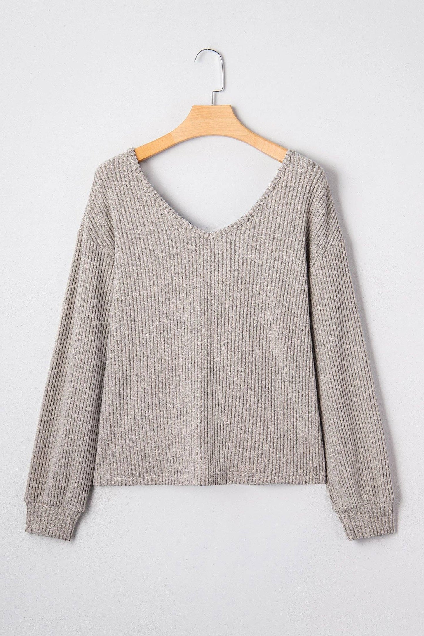 Bow Back Ribbed Knit V Neck Long Sleeve Top