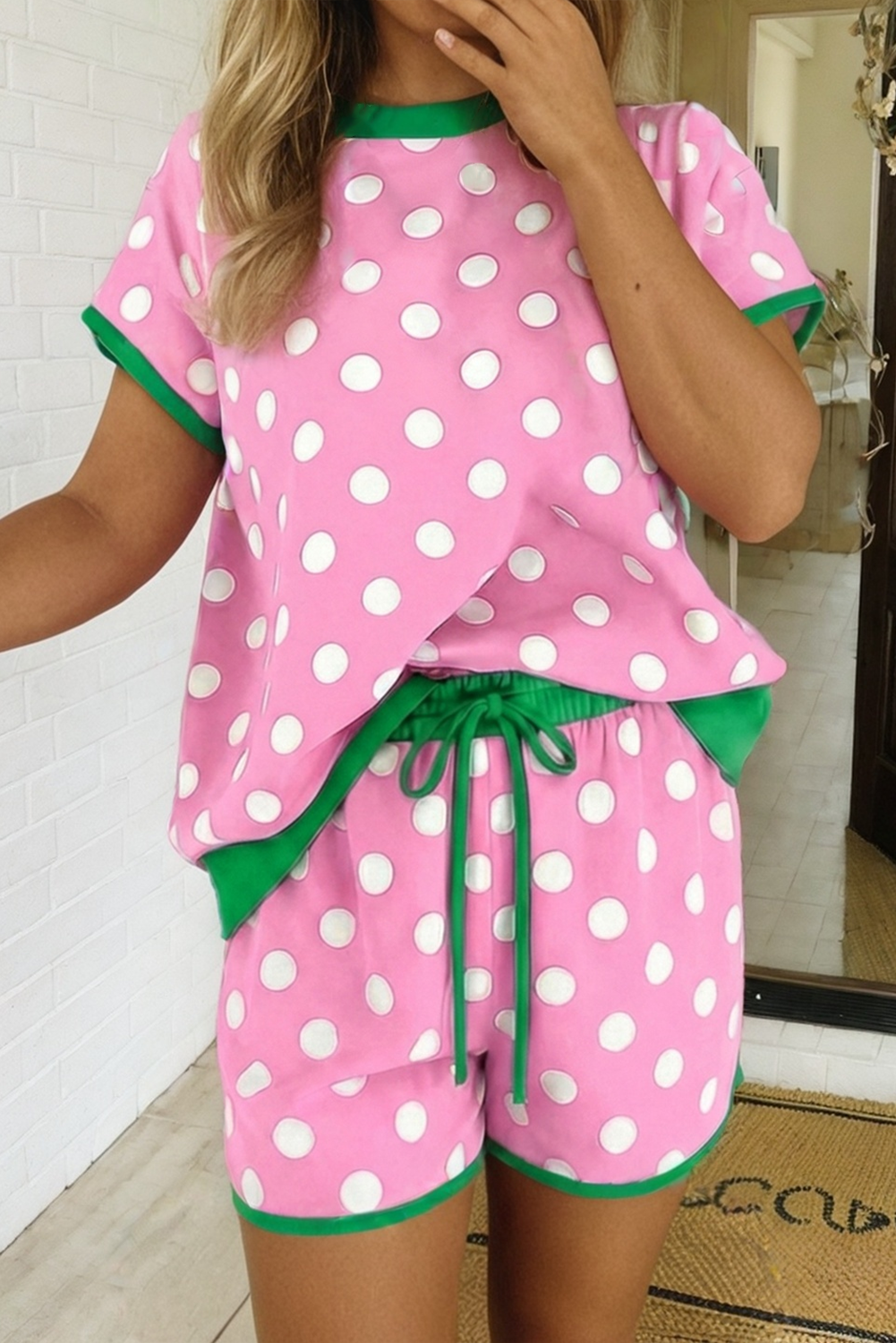 LAS-LIVE Polka Dot Contrast Edge Casual Shorts Set (S-XL)