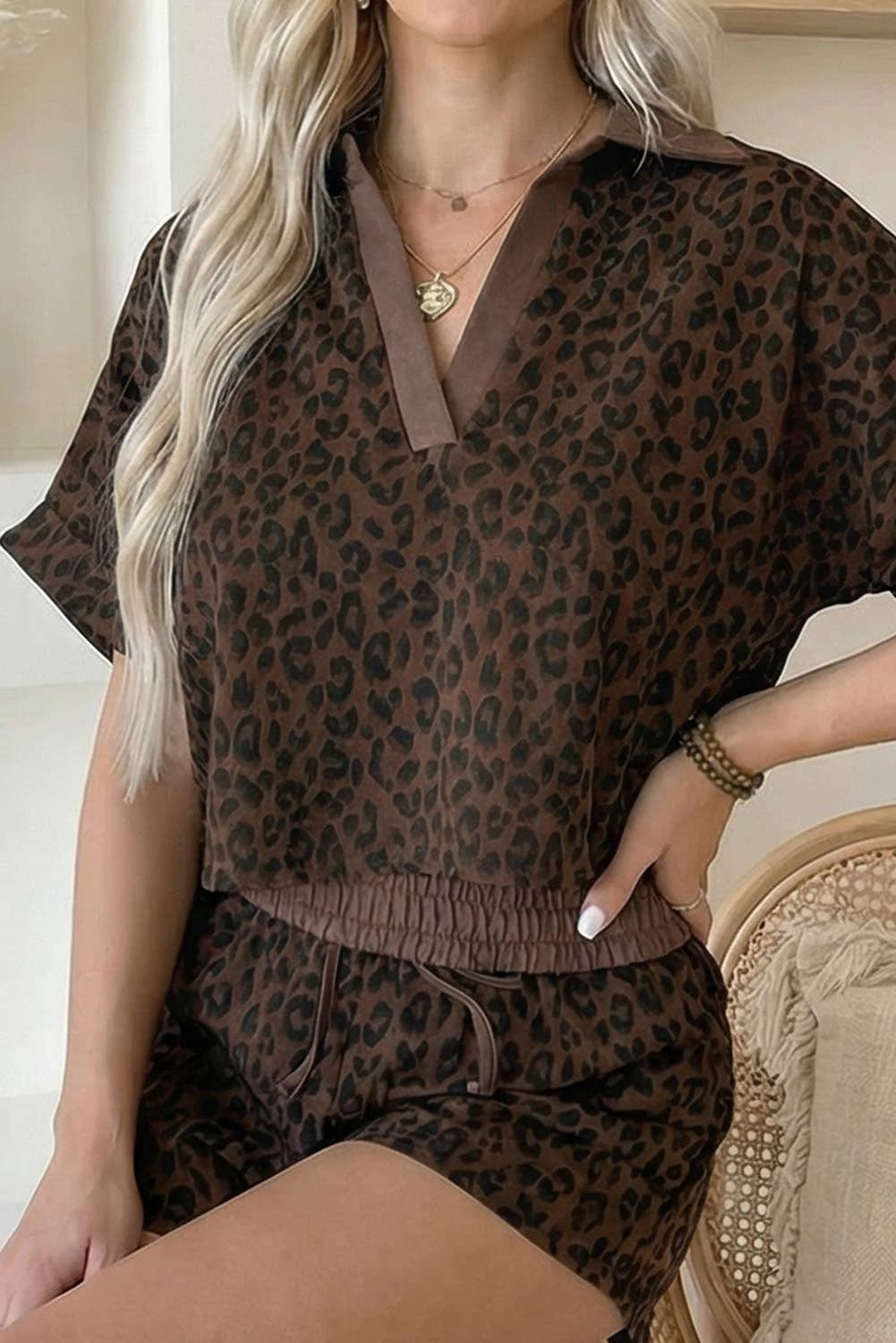 V Neck Collar Leopard Print Top and Shorts