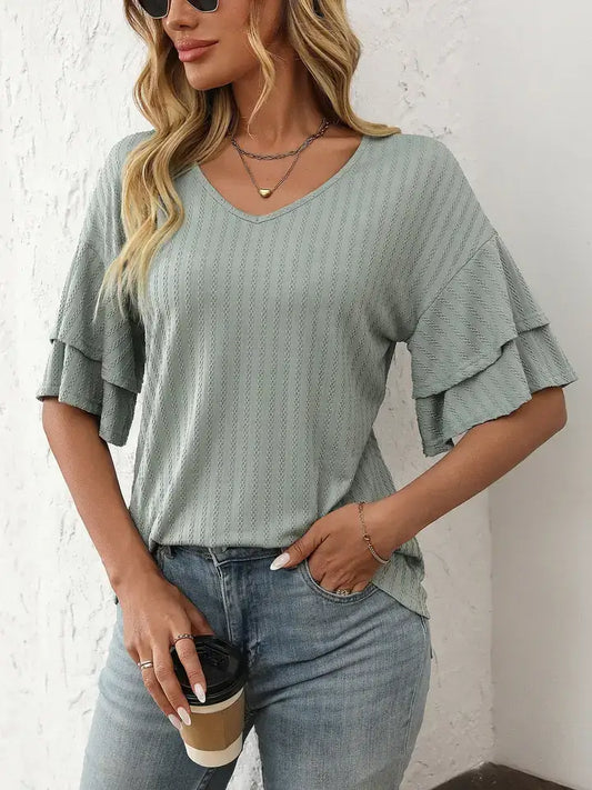 Solid V-Neck Ruffle Sleeve Short-Sleeve Top