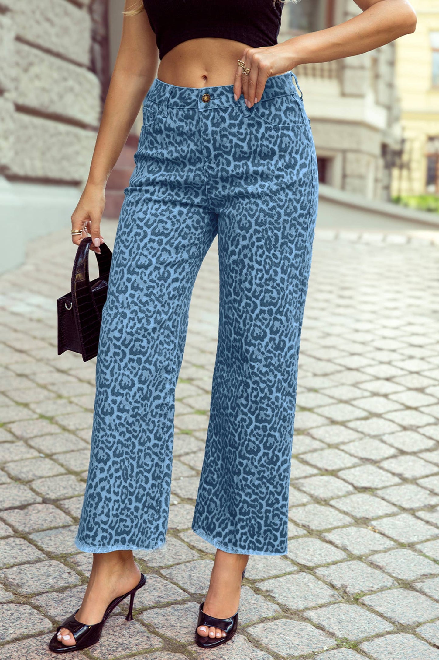 Spring 2026 Leopard Frayed Edge Wide Leg High Waist Jeans