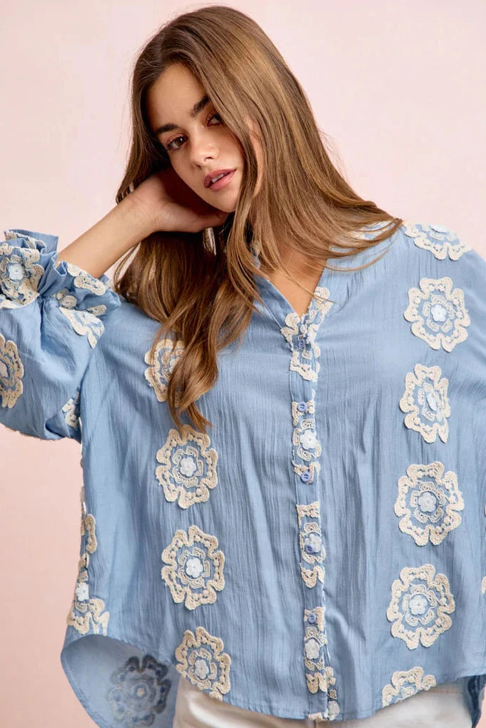 3D Flower Patch Woven Bubble Sleeves Blouse