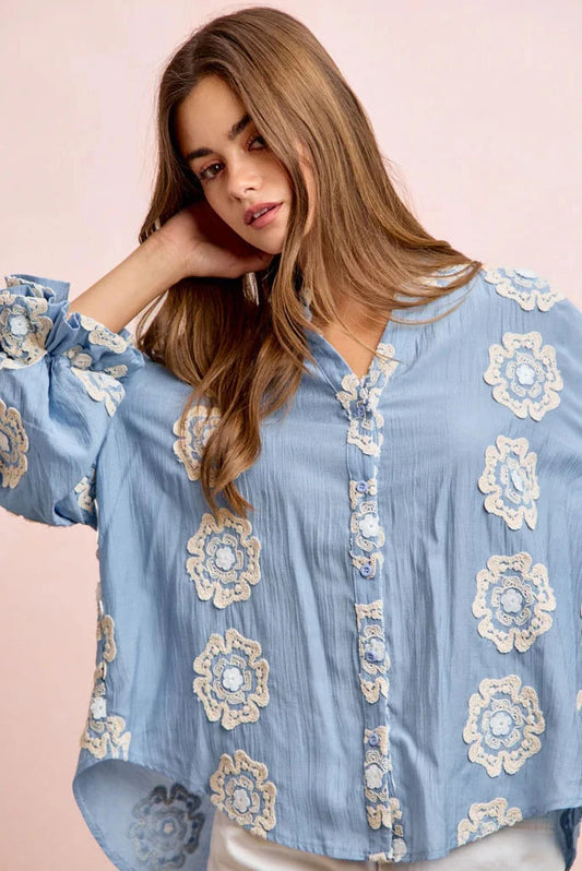 3D Flower Patch Woven Bubble Sleeves Blouse