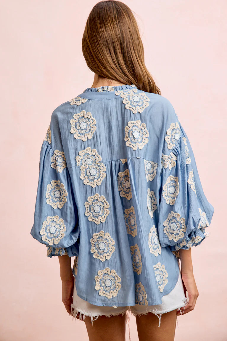 3D Flower Patch Woven Bubble Sleeves Blouse