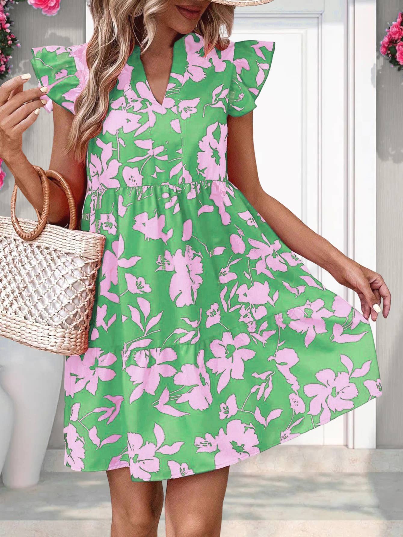 Pink Blossom Flutter-Sleeve Tiered Mini Dress