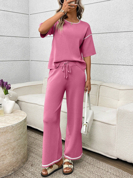 Mint Knit Lounge Set Short Sleeve Top Wide Leg Pants