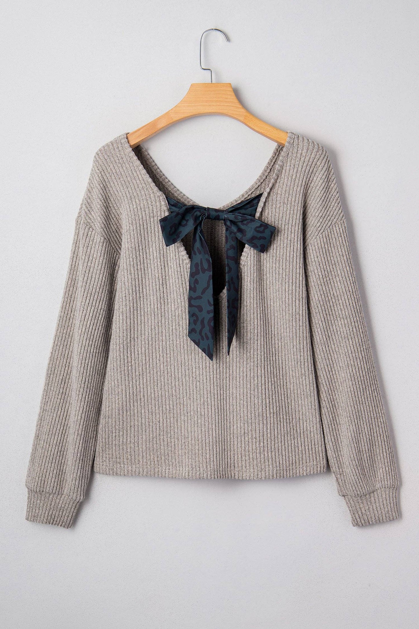 Bow Back Ribbed Knit V Neck Long Sleeve Top