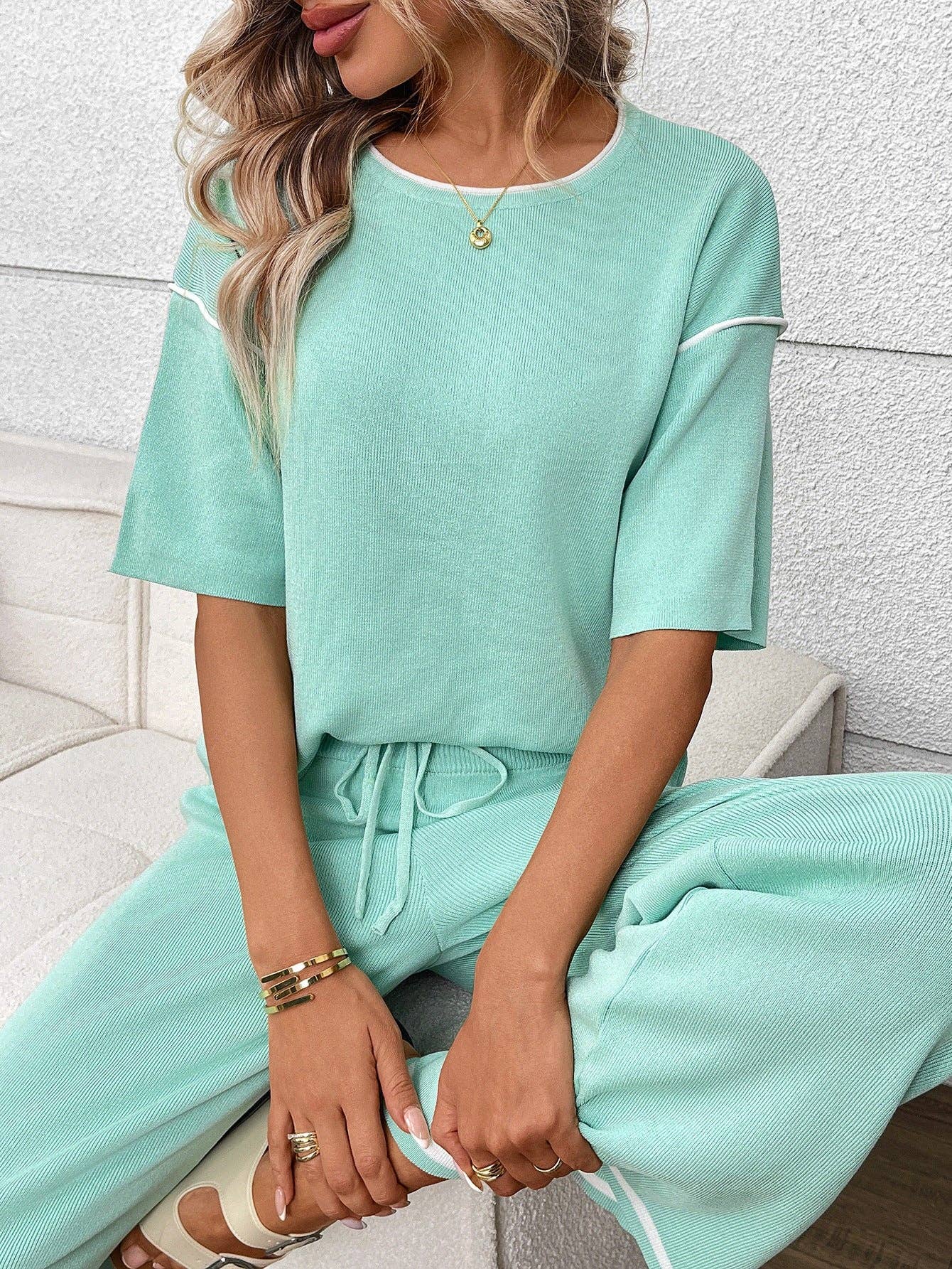 Mint Knit Lounge Set Short Sleeve Top Wide Leg Pants