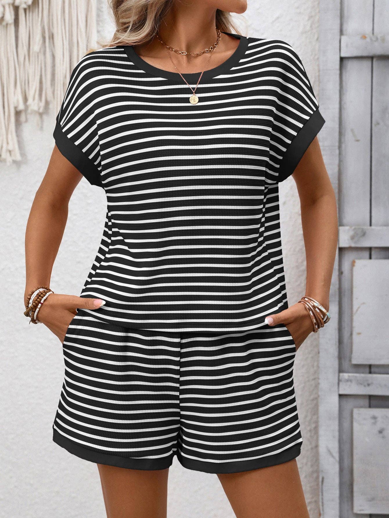 Striped Short Sleeve Top & Shorts Set