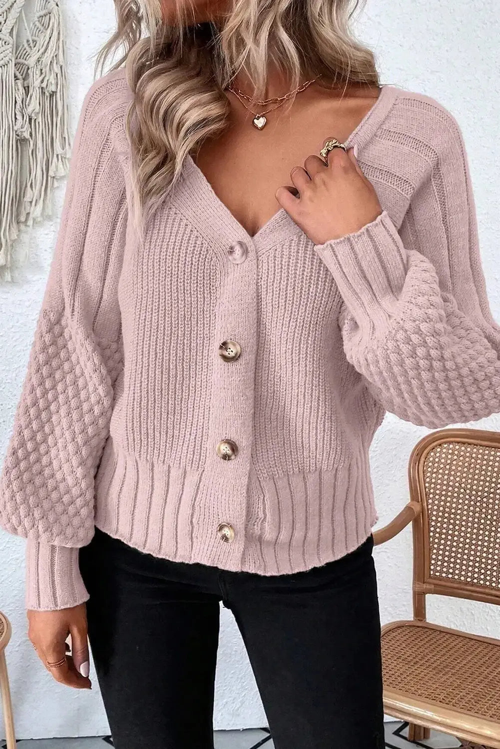 Mixed Texture Knit Button V Neck Sweater Cardigan