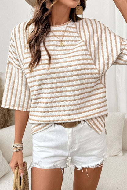 Stripe Textured Knit Split Hem Half Sleeve Top
