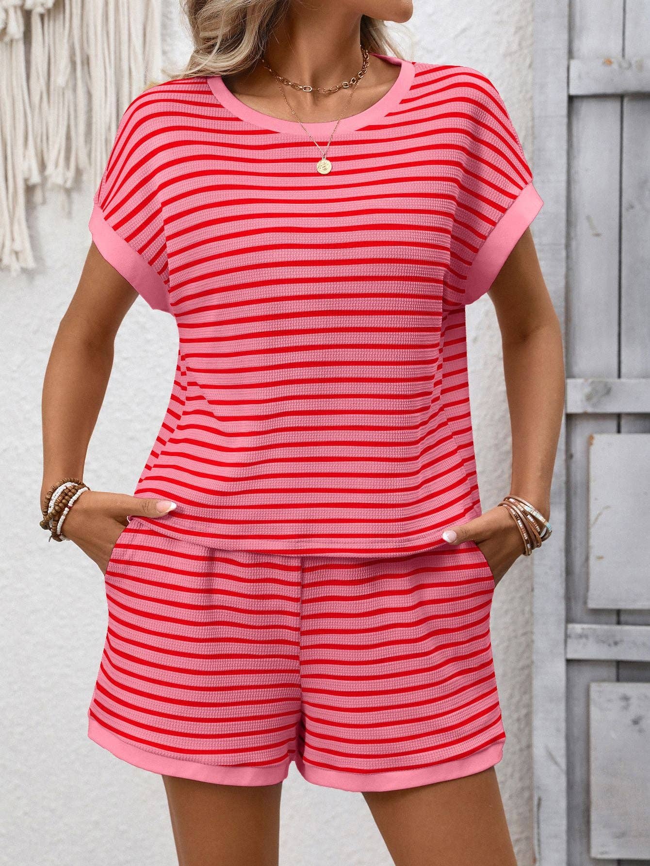 Striped Short Sleeve Top & Shorts Lounge Set: Dark Pink