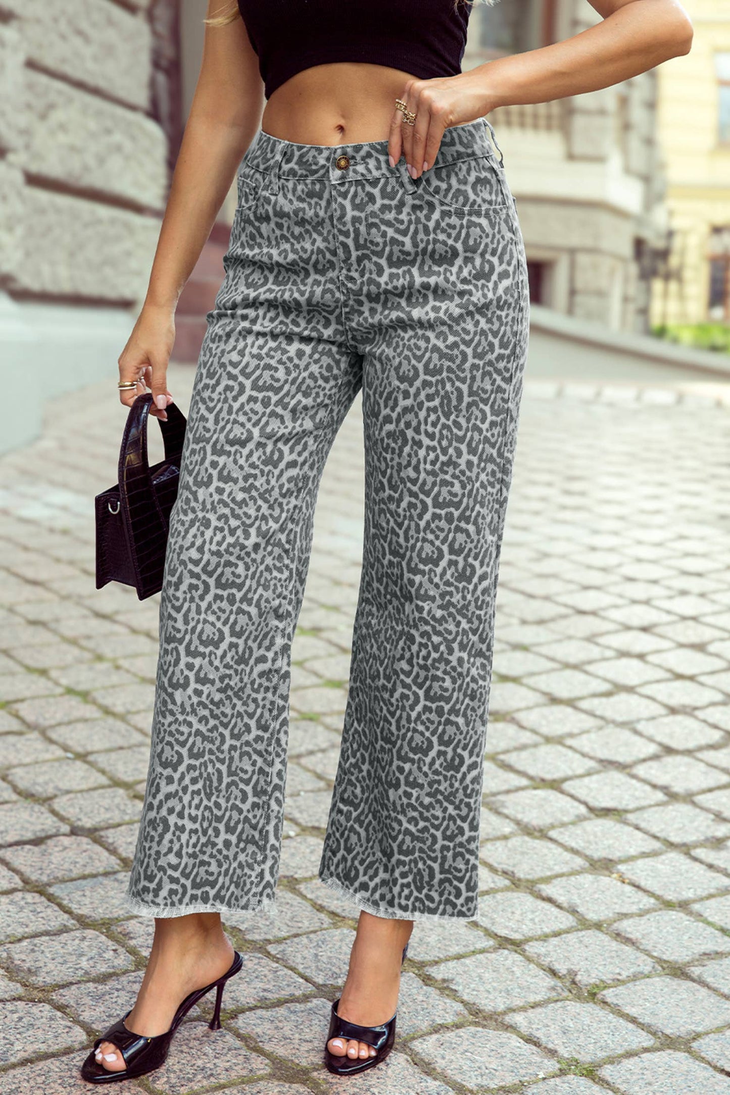 Spring 2026 Leopard Frayed Edge Wide Leg High Waist Jeans