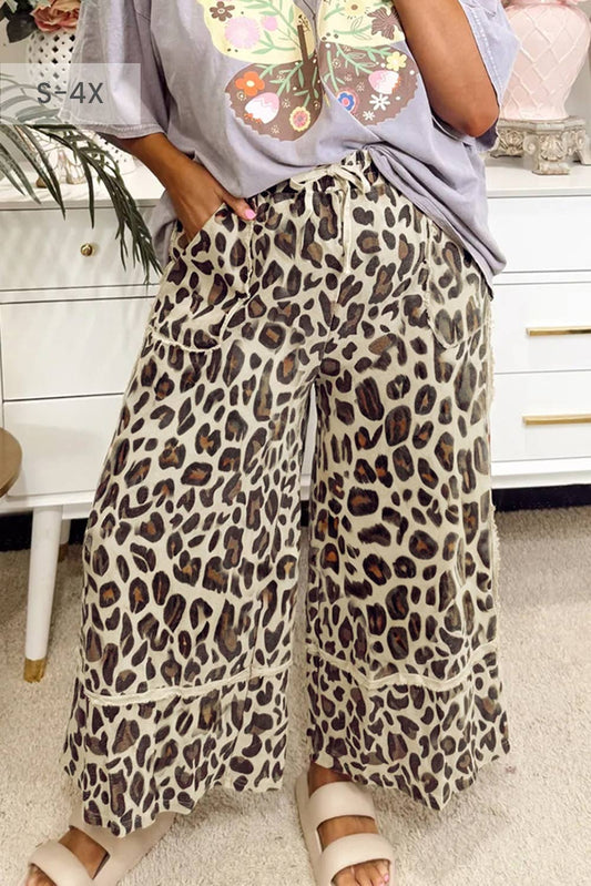 66 Khaki Leopard Wide Leg Cropped Pants (S-XL