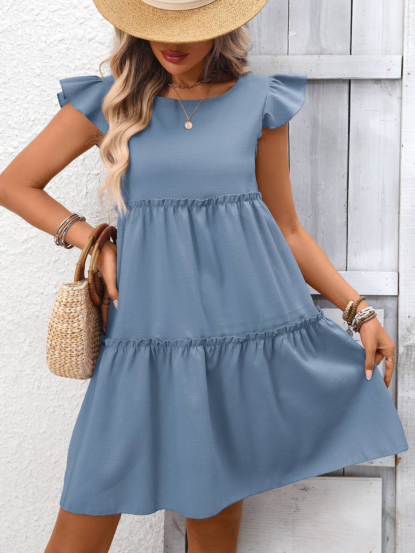 Flutter Sleeve Tiered Babydoll Mini Dress