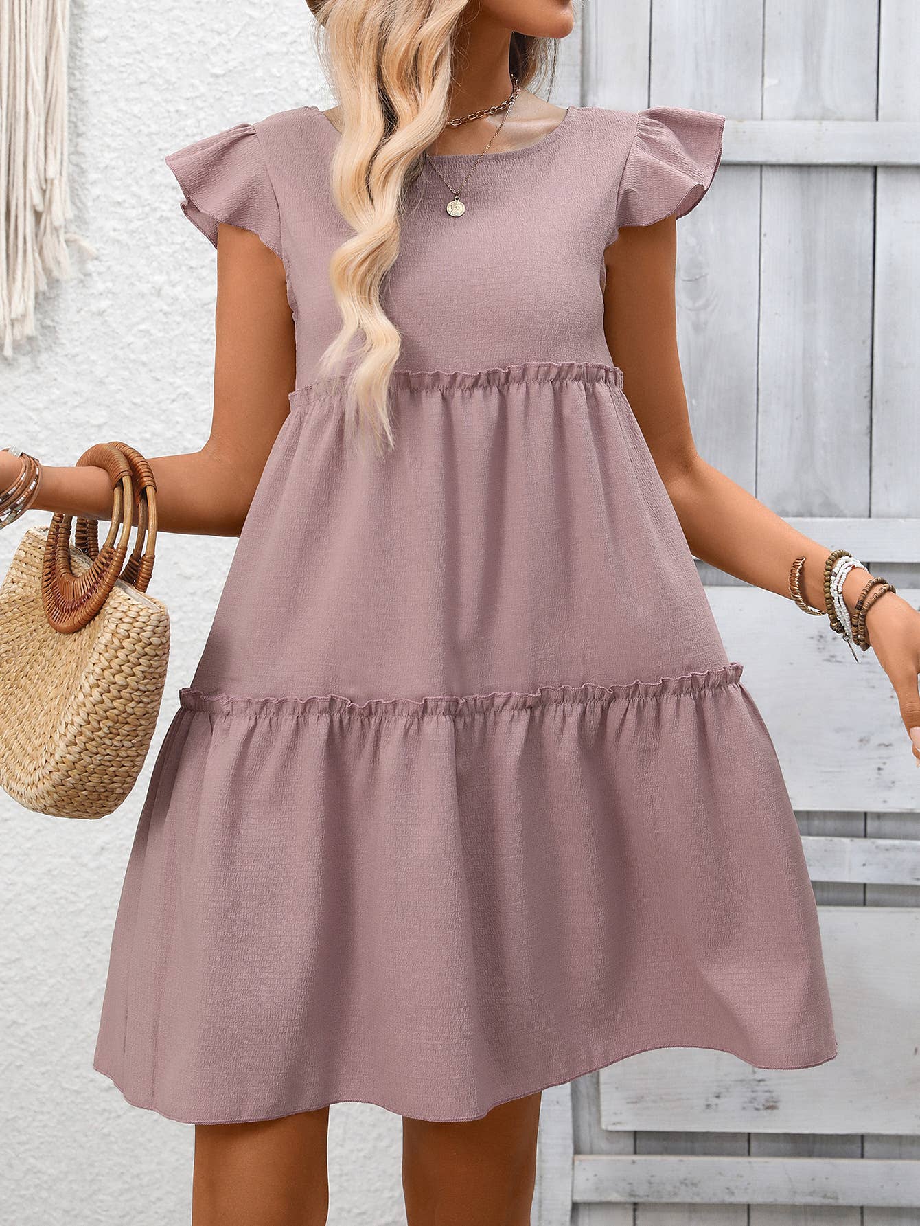 Flutter Sleeve Tiered Babydoll Mini Dress