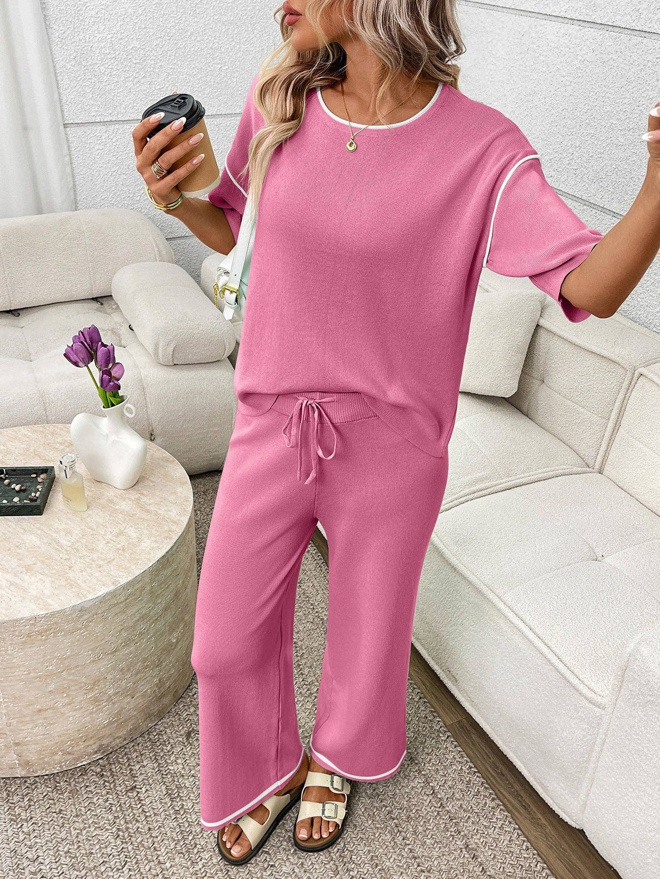 Mint Knit Lounge Set Short Sleeve Top Wide Leg Pants
