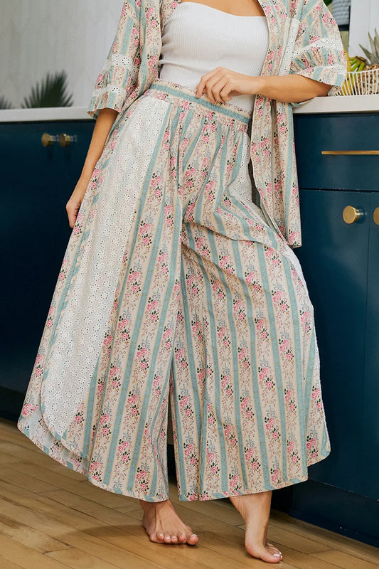 FLORAL EYELET SIDE ELASTIC WAIST WIDE LEG PANTS