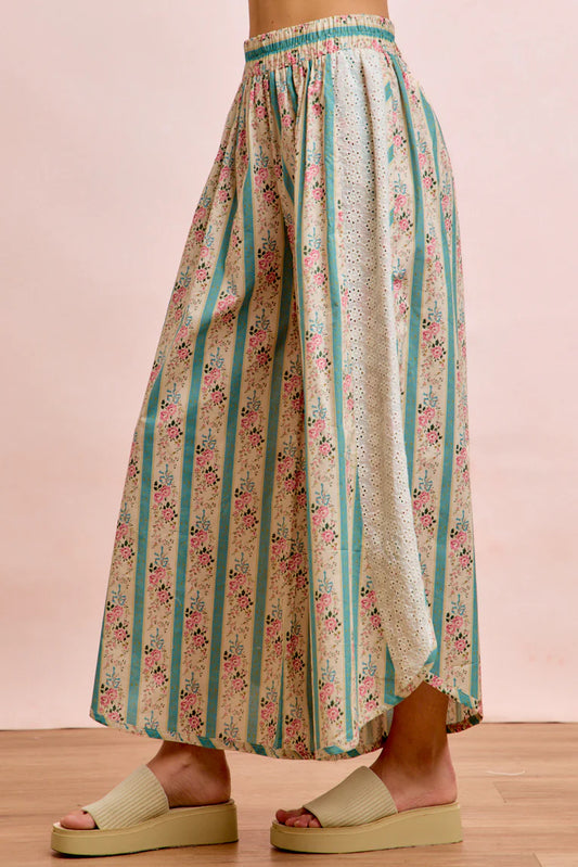 FLORAL EYELET SIDE ELASTIC WAIST WIDE LEG PANTS