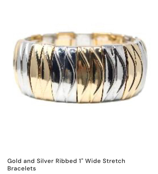 Gold and Silver Ribbed 1” wide stretch bracelet