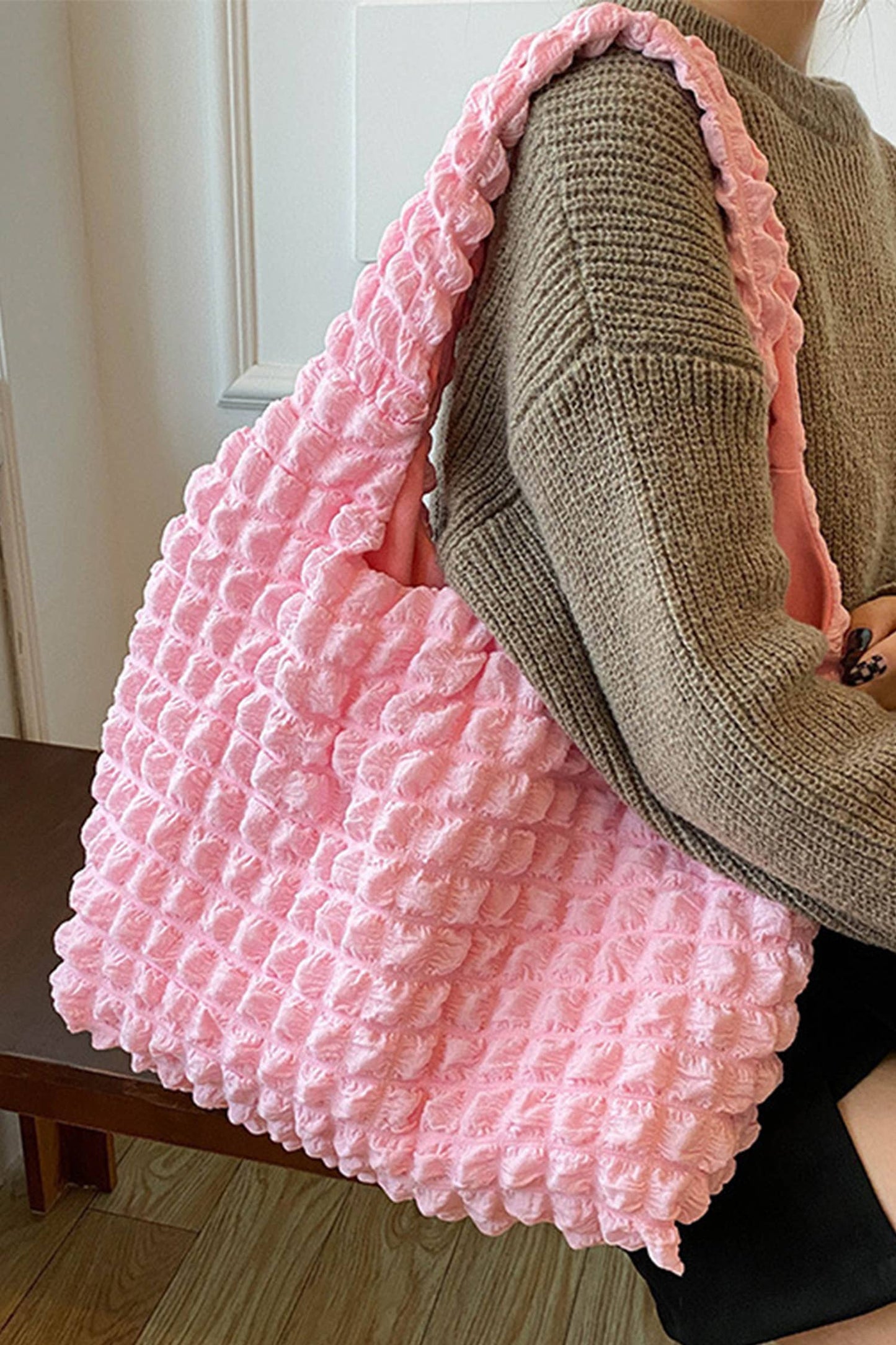 Solid Bubble Textured Large Tote Bag