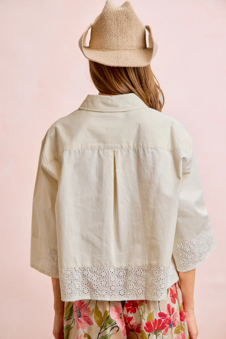 EYELET LACE HEM QUARTER SLEEVES SOLID SHIRT TOP