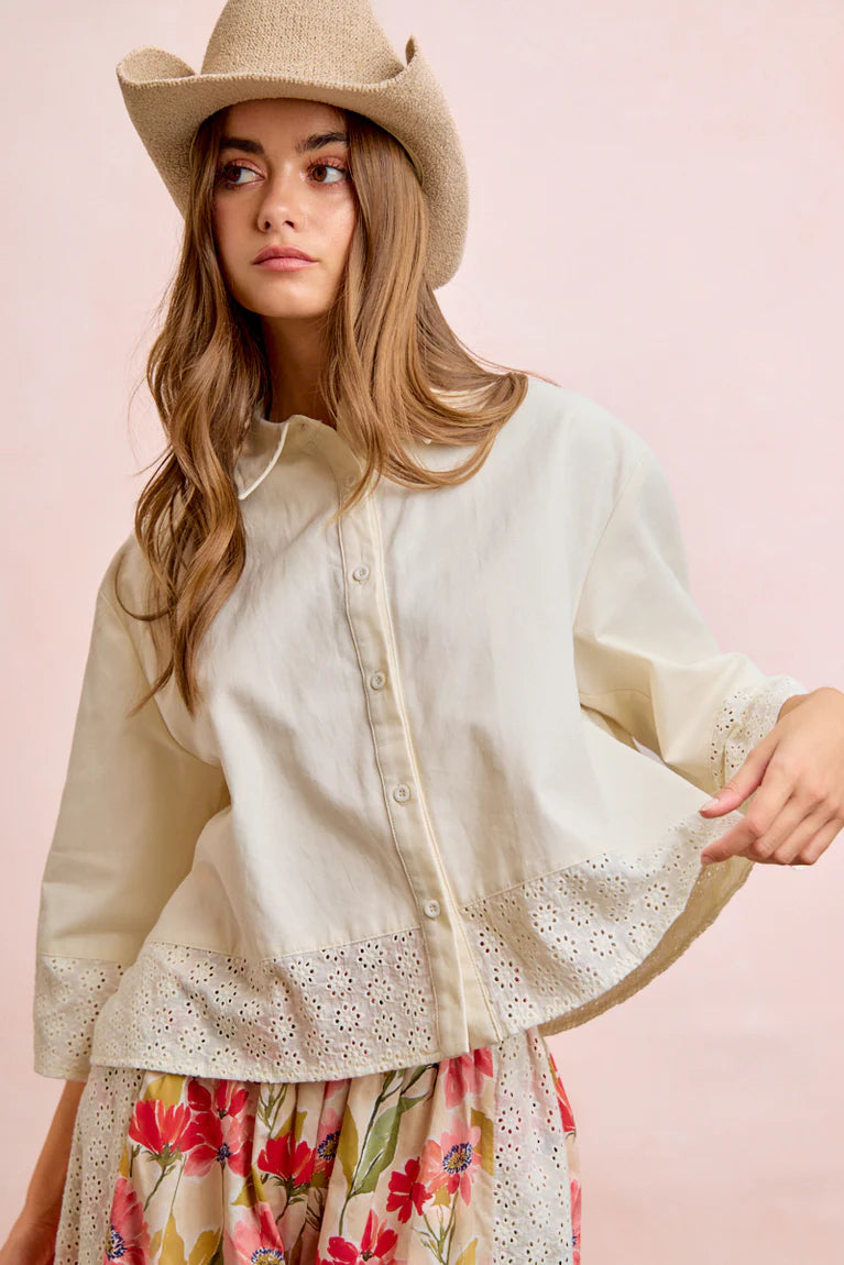 EYELET LACE HEM QUARTER SLEEVES SOLID SHIRT TOP