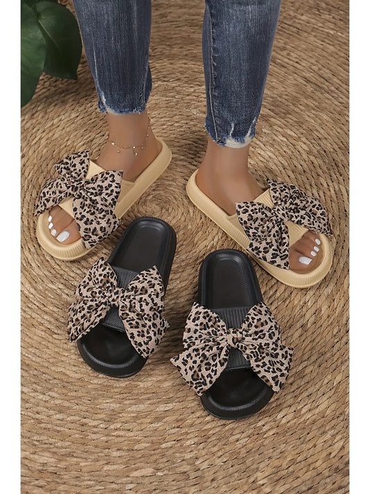 Contrast Leopard Bow Decor Casual Comfort Slippers