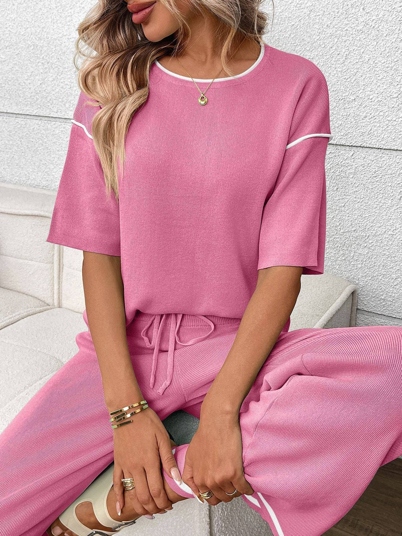 Mint Knit Lounge Set Short Sleeve Top Wide Leg Pants