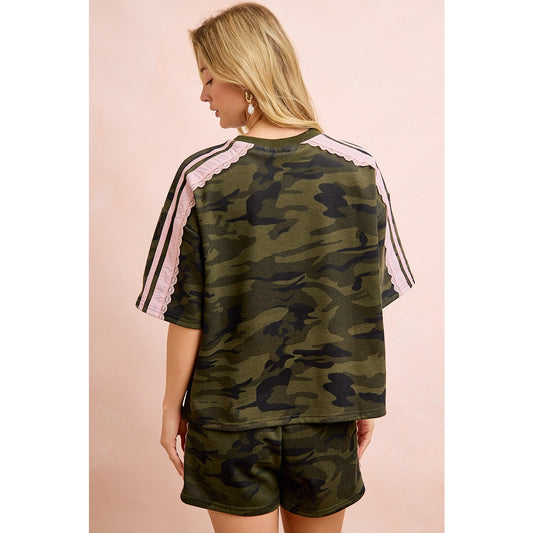 Camo Printed Terry Side Lace Detail Short Sleeves Top