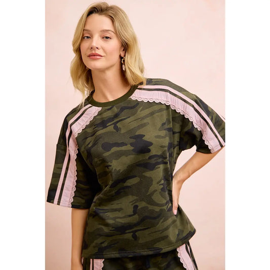 Camo Printed Terry Side Lace Detail Short Sleeves Top