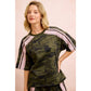 Camo Printed Terry Side Lace Detail Short Sleeves Top