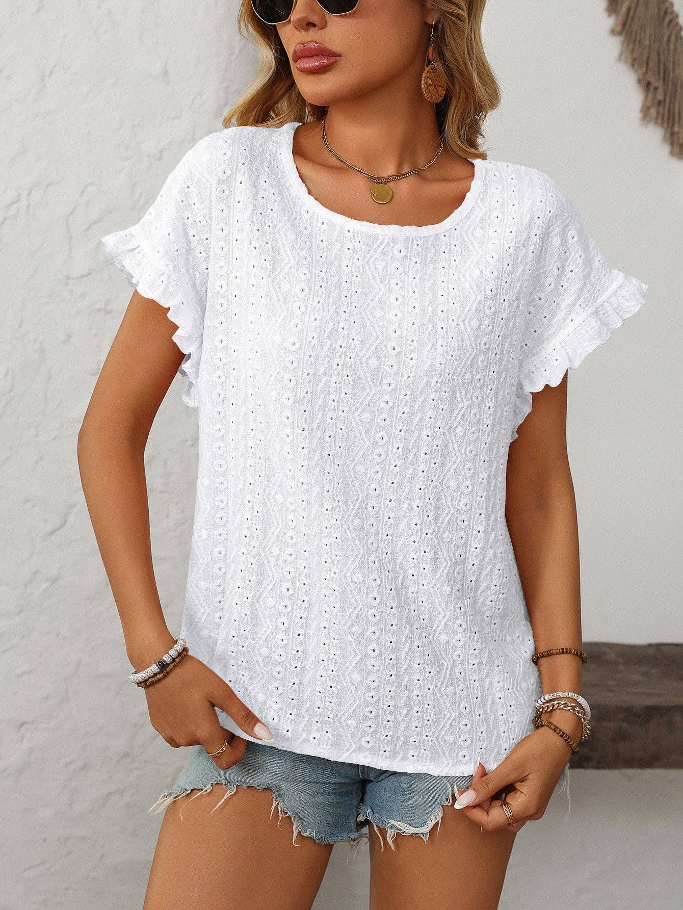 Crewneck Short-Sleeve Hollow-Out Top