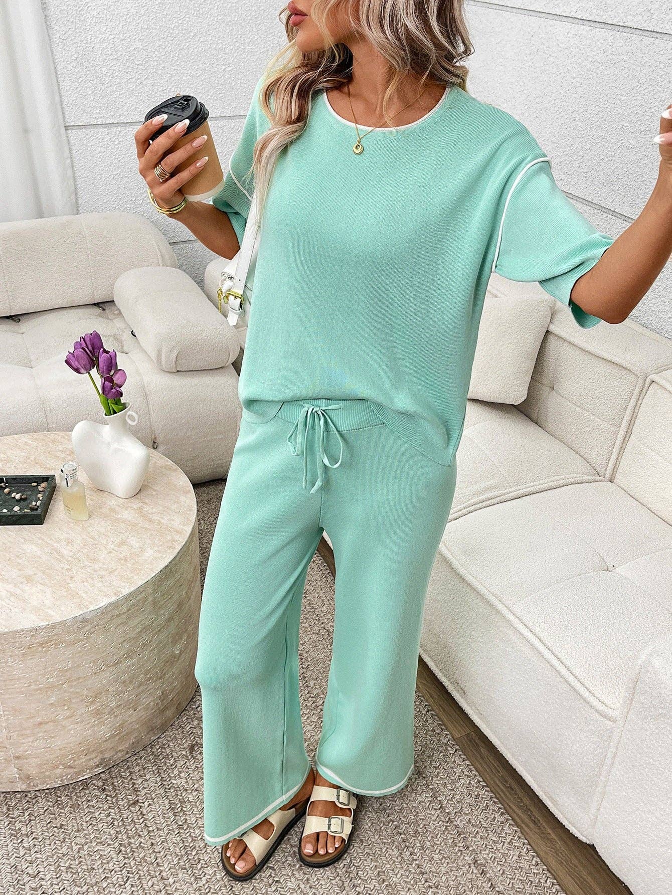 Mint Knit Lounge Set Short Sleeve Top Wide Leg Pants