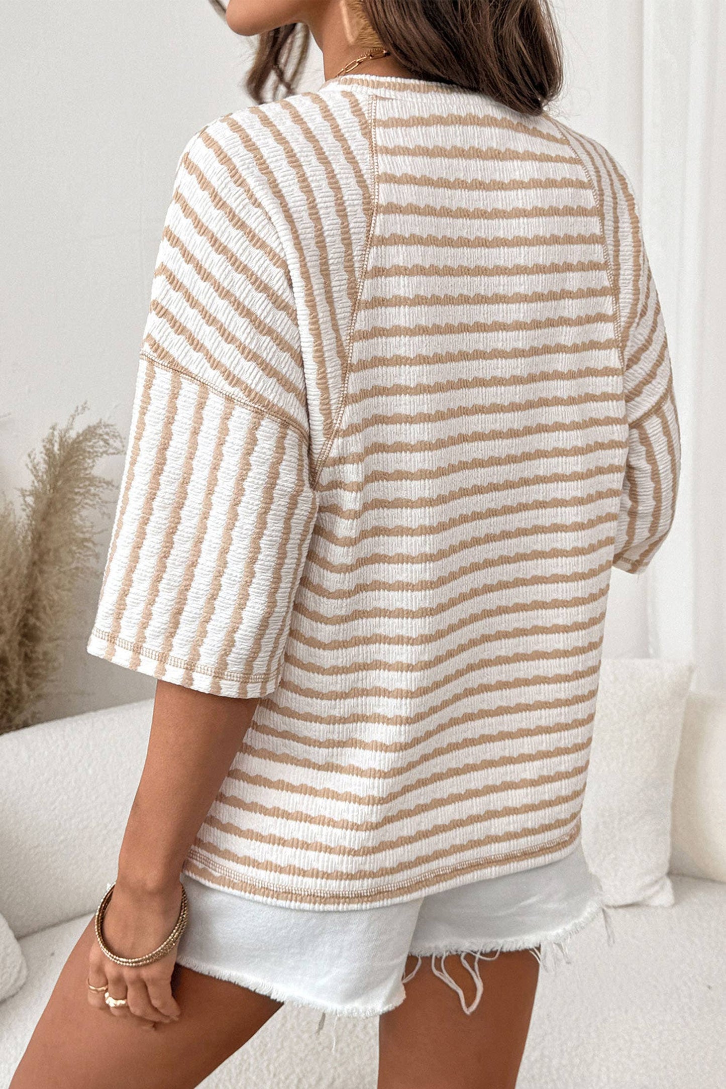 Stripe Textured Knit Split Hem Half Sleeve Top