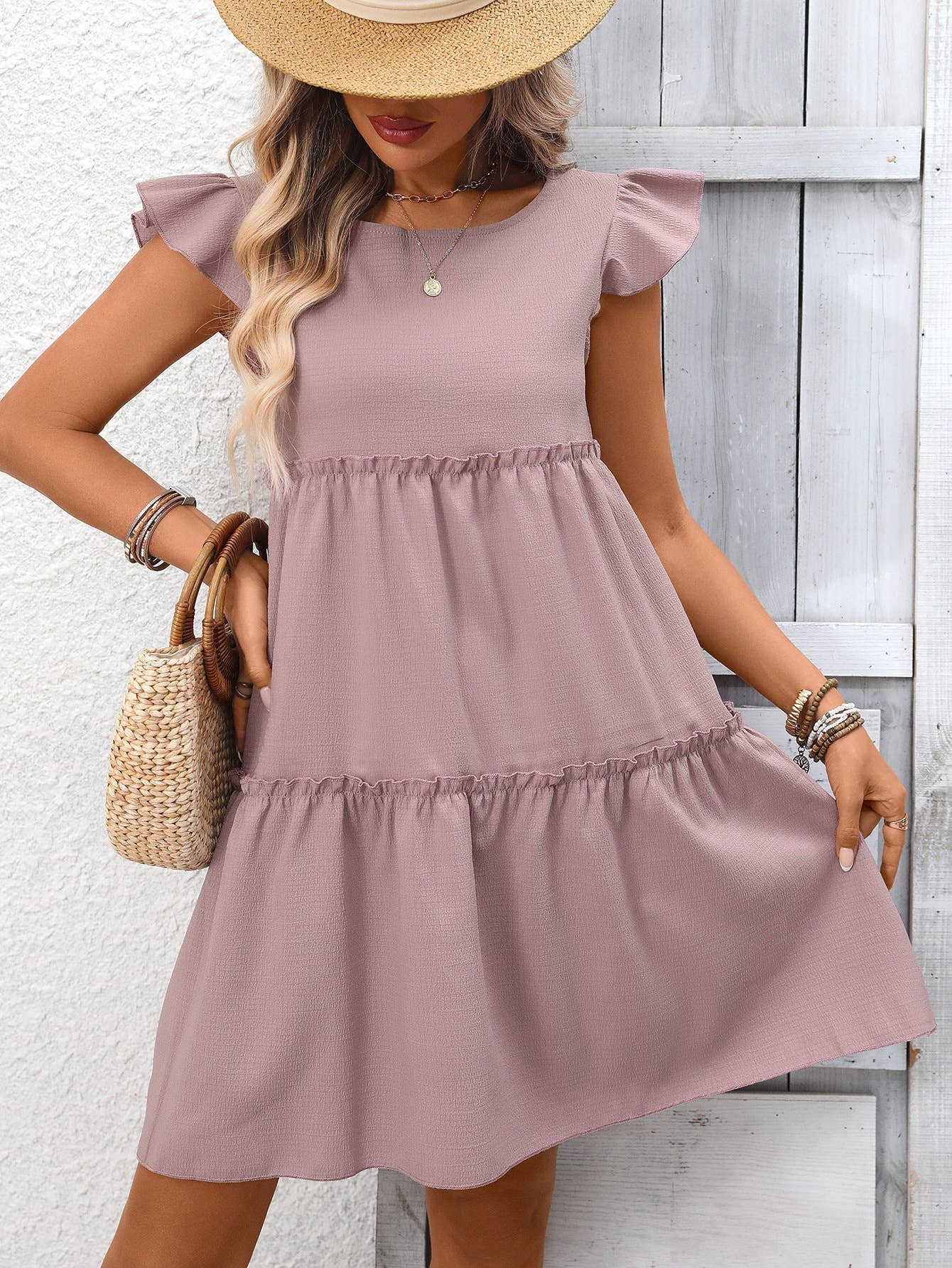 Flutter Sleeve Tiered Babydoll Mini Dress