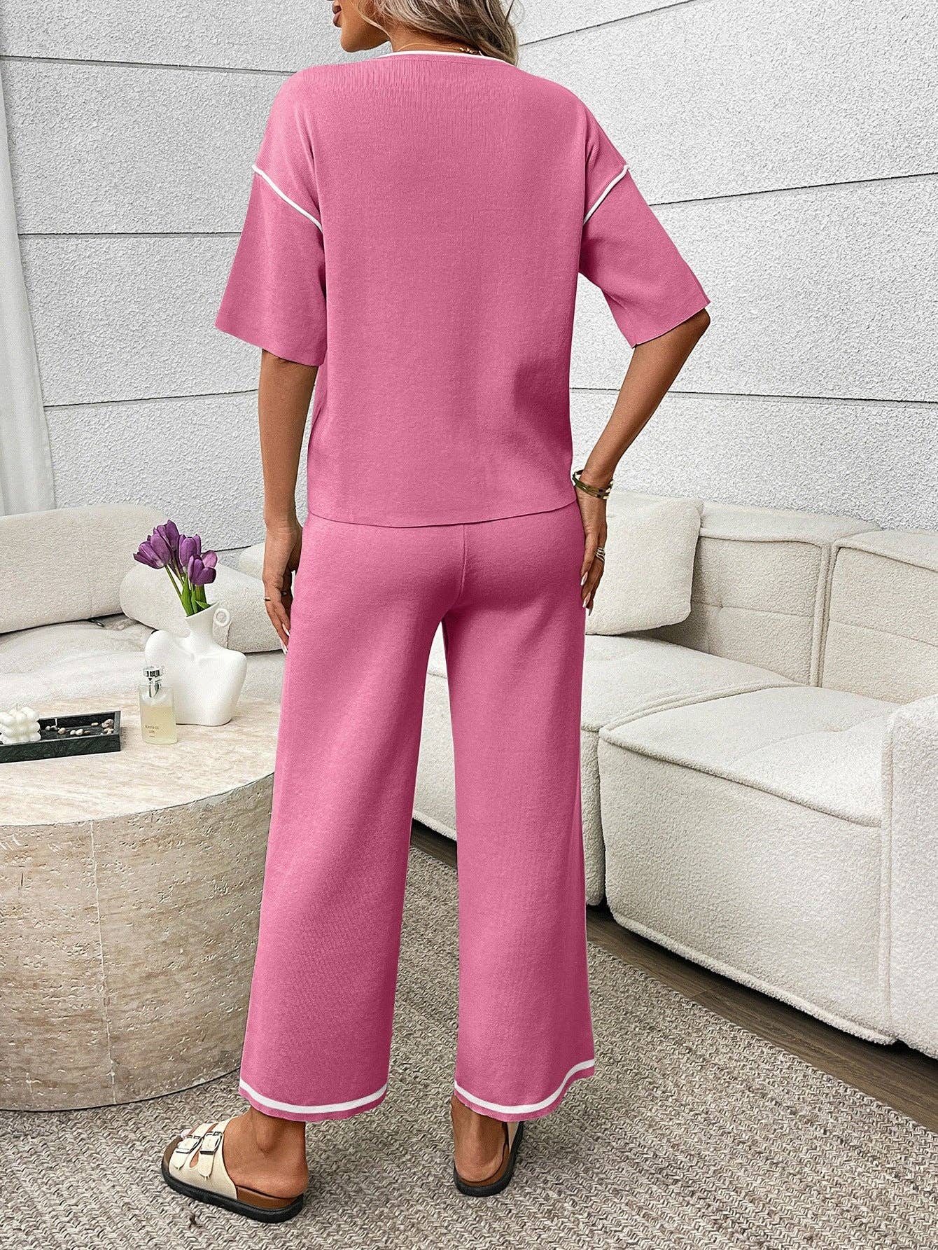 Mint Knit Lounge Set Short Sleeve Top Wide Leg Pants