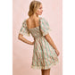 Striped Floral Print Smocked Dress with Trim