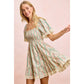 Striped Floral Print Smocked Dress with Trim