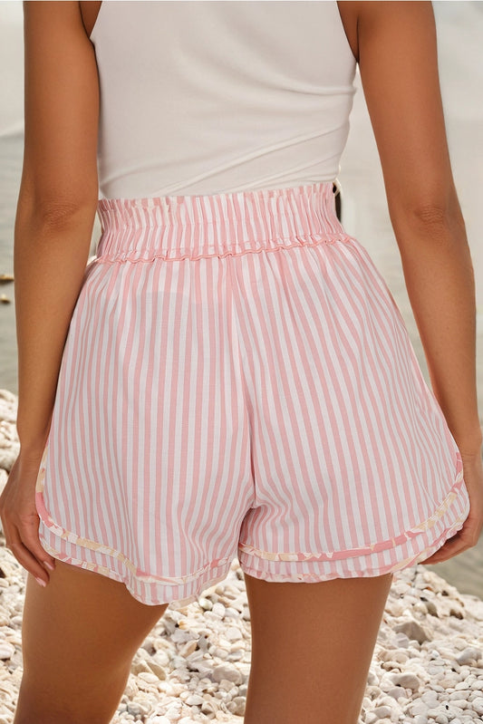 Floral Trim Ribbon Knot Striped Casual Shorts