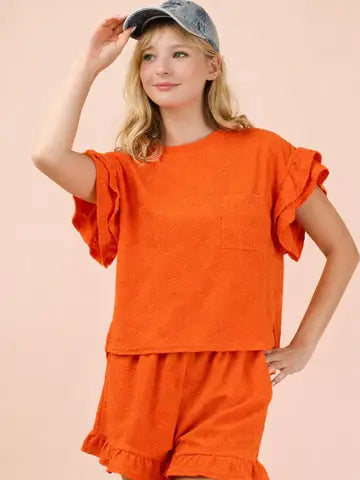 Floral Textured Ruffled Knit Top & Shorts Set