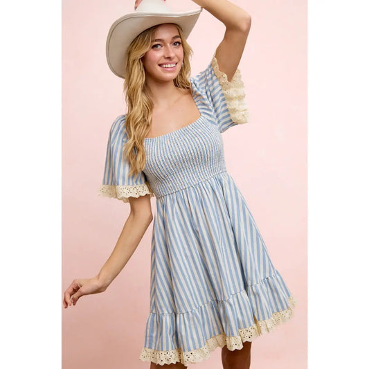 Stripes Smocked Dress with Eyelet Ruffled Edge